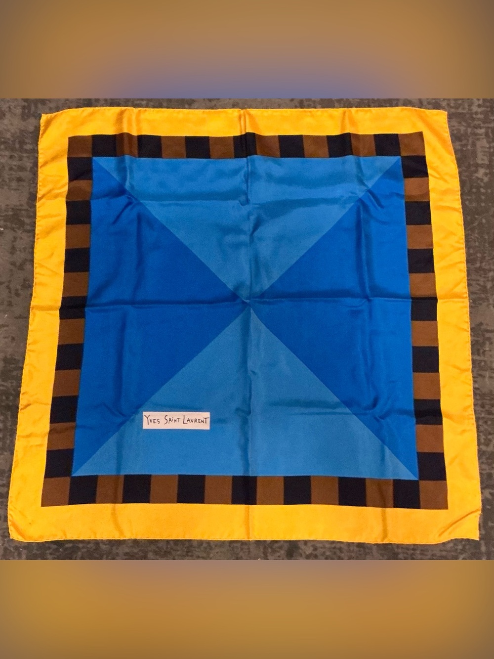 A Rare Vintage 80’s Yves Saint Laurent Geometric Blue And Yellow Silk Scarf